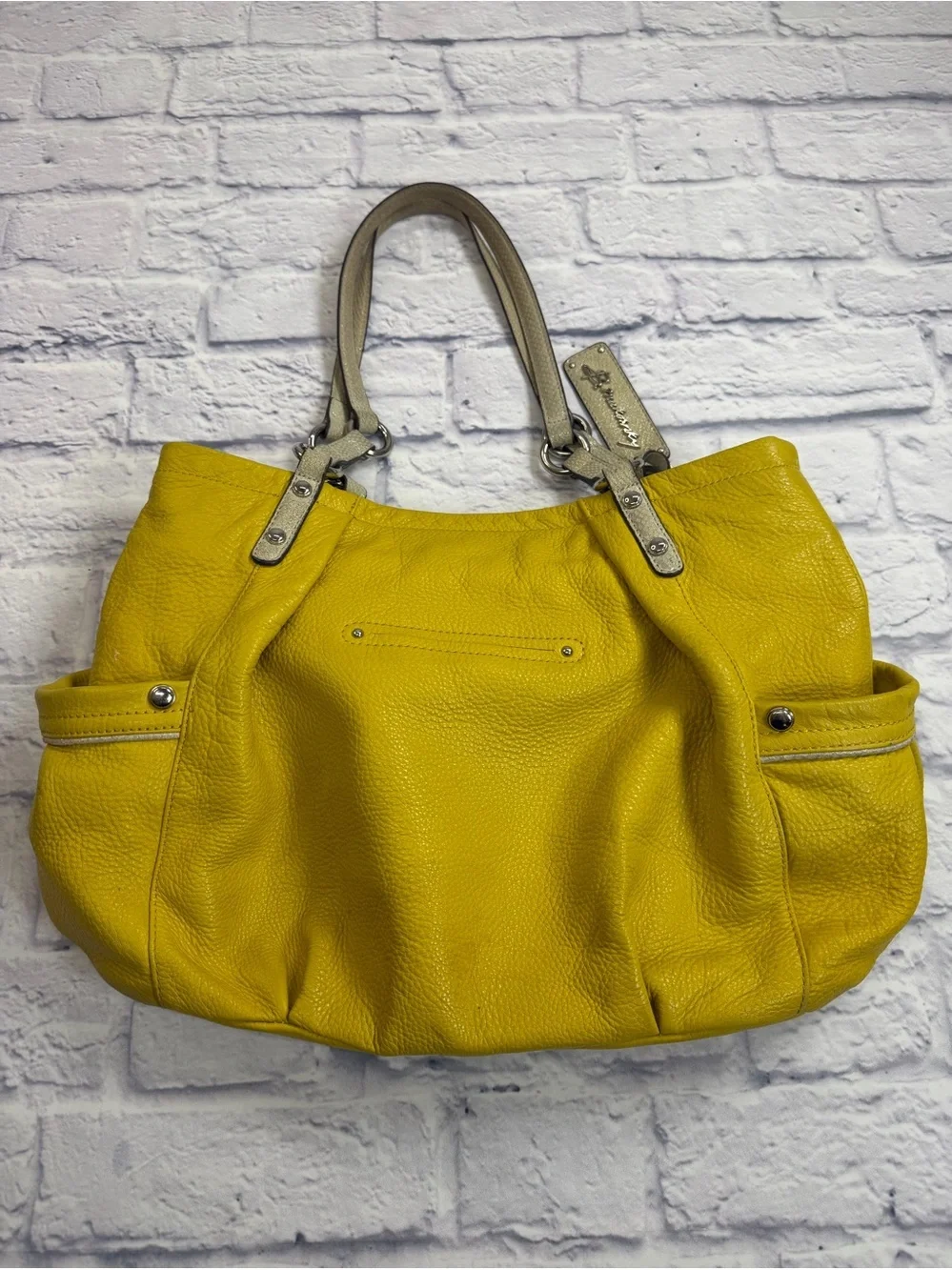 b. makowsky Yellow Pebbled Leather Tote with Neutral Trim